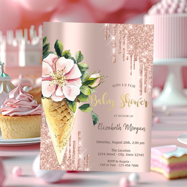Convite Sorvete Flor Rosa Dourado Doces Baby Shower (Criador carregado)