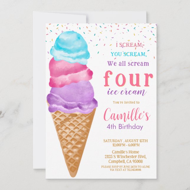 Convite Sorvete Fofo  Aniversário de qualquer idade (Frente)