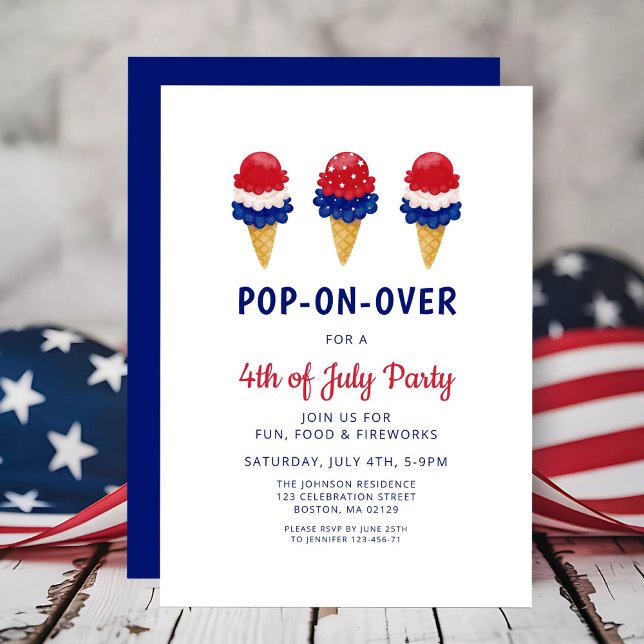 Convite Sorvete Fofo Vermelho, Branco E Azul 4 de Julho (Cute Ice Cream Red, White And Blue 4th of July Invitation)