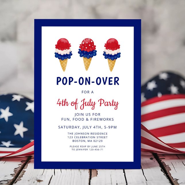 Convite Sorvete Fofo Vermelho, Branco E Azul 4 de Julho (Cute Ice Cream Red, White And Blue 4th of July Invitation)
