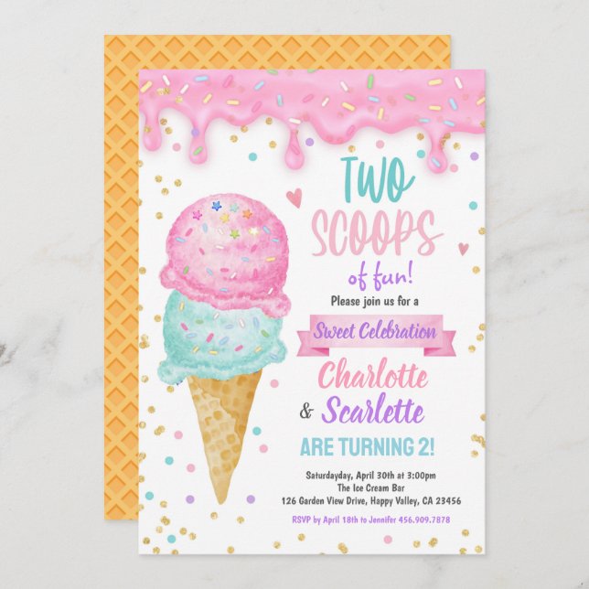 Convite Sorvete Gêmeas Festa de aniversário Rosa Púrpura (Frente/Verso)