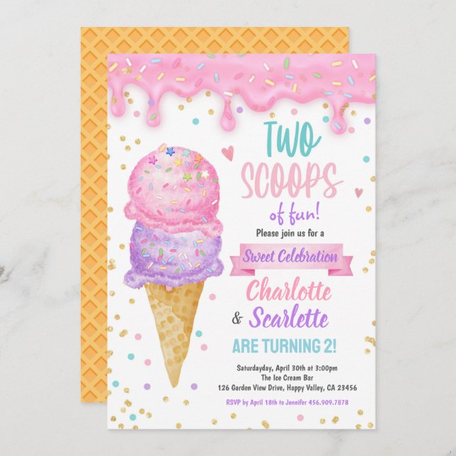 Convite Sorvete Gêmeas Festa de aniversário Rosa Púrpura (Frente/Verso)