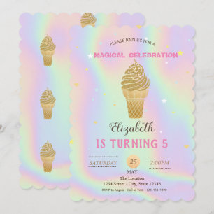 Convite Sorvete Glitter Dourado Holográfico de Aniversário