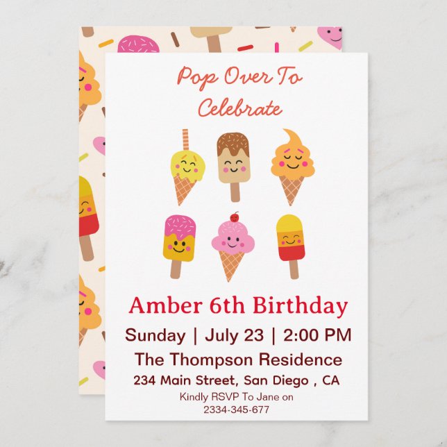 Convite Sorvete Kawaii e Festa de aniversário de picles (Frente/Verso)