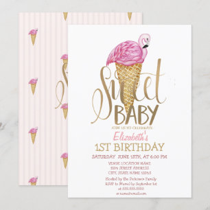 Convite Sorvete Legal Flamingo Rosa Listrado Aniversário