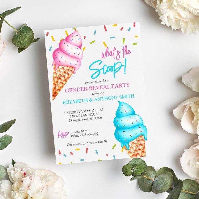 Convite Sorvete o que é o gênero revelador da festa (what's the scoop ice cream gender reveal invitation template instant download ice cream sprinkles)