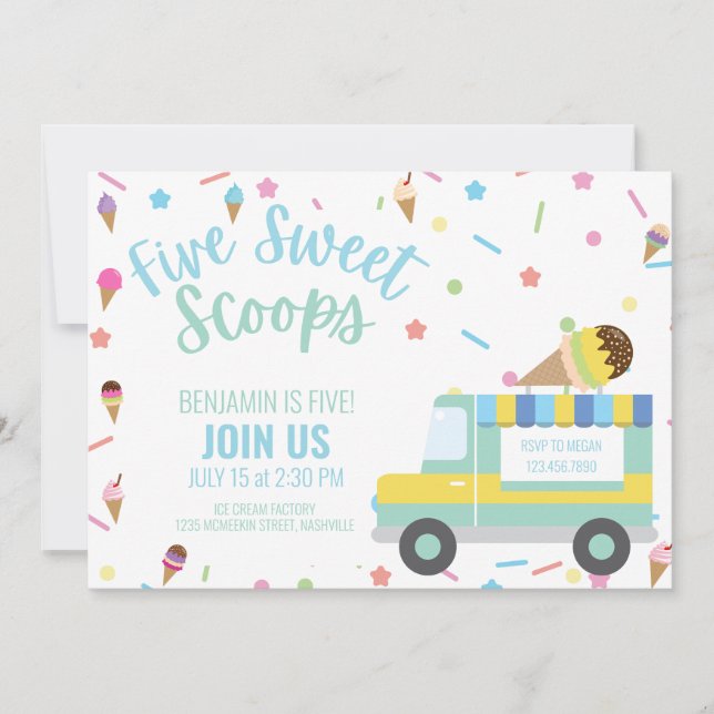 Convite Sorvete Quinto 5 Aniversário Gêmeos Irmãos (Frente)