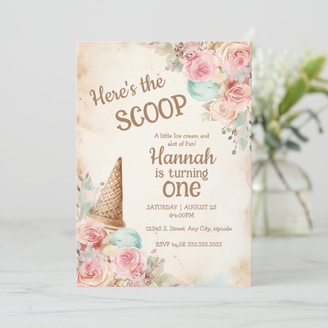 Convite Sorvete retrô, flores e casquinha de sorvete (Em pé/Frente)