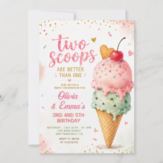 Convite Sorvete Rosa Duas Bolas Gêmeas Meninas Aniversário