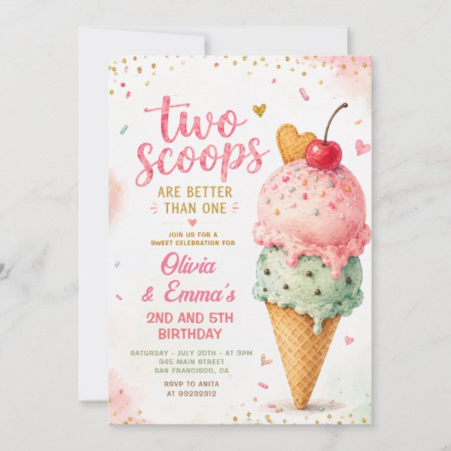 Convite Sorvete Rosa Duas Bolas Gêmeas Meninas Aniversário (Frente)