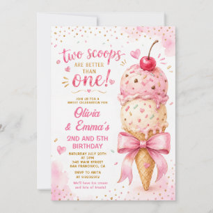 Convite Sorvete Rosa Duas Bolas Gêmeas Meninas Aniversário