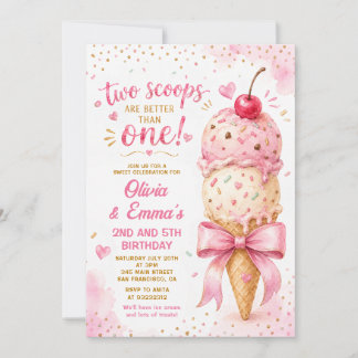 Convite Sorvete Rosa Duas Bolas Gêmeas Meninas Aniversário