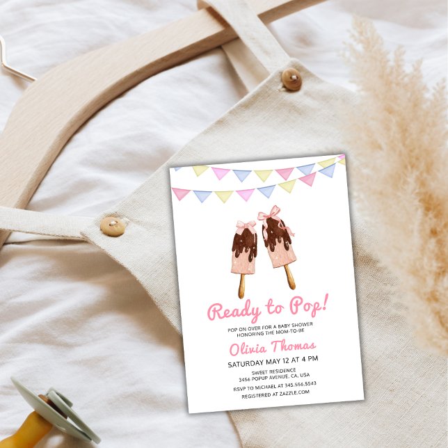 Convite Sorvete Rosa Pronto Para Pop (Pink Bow Ice Cream Ready To Pop Baby Shower Invitation)