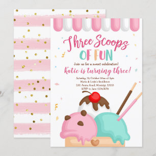 Convite Sorvete rosa três colheres de aniversário divert