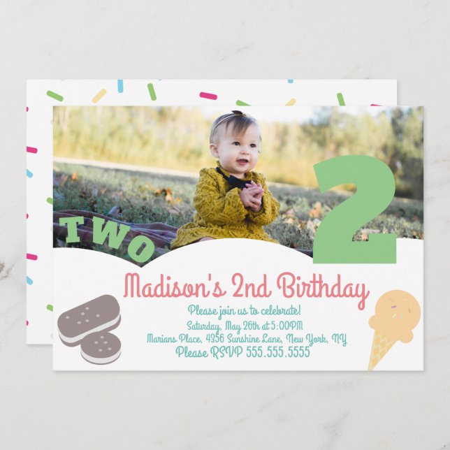 Convite Sorvete Sprinkles Festa de aniversario de meninas  (Frente/Verso)