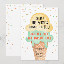 Convite Sorvete Twin Aniversário Amarelo Cone Confetti