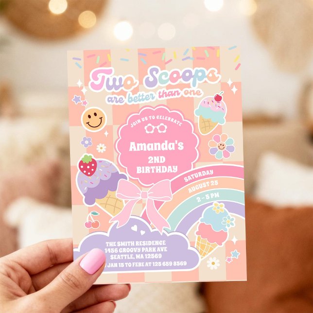 Convite Sorvete Two Scoop Groovy Daisy 2º Aniversário (Criador carregado)