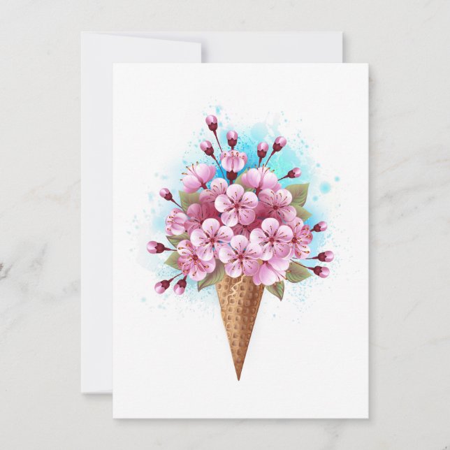 Convite Sorvete Waffle Rosa Sakura Cone (Frente)