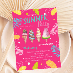 Convite Sorvetes Folhas Tropicais Rosa Aniversário