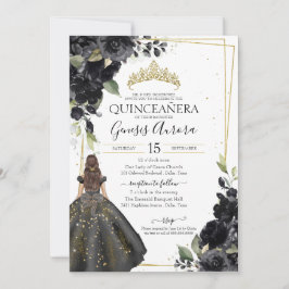 Convite Sotaque Dourado Floral Preto Elegante Quinceanera