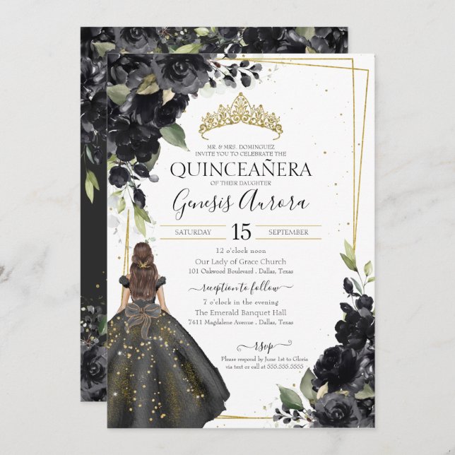 Convite Sotaque Dourado Floral Preto Elegante Quinceanera  (Frente/Verso)