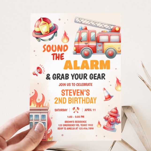Convite Sound the Alarm Fire Truck Birthday (Fire Truck Birthday Party Invitation)