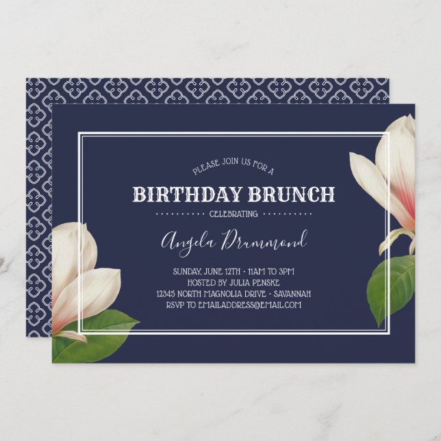 Convite Southern Magnolia Birthday Brunch Blue (Frente/Verso)