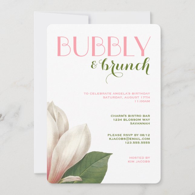 Convite Southern Magnolia Bubble Brunch | Verde rosa branc (Frente)
