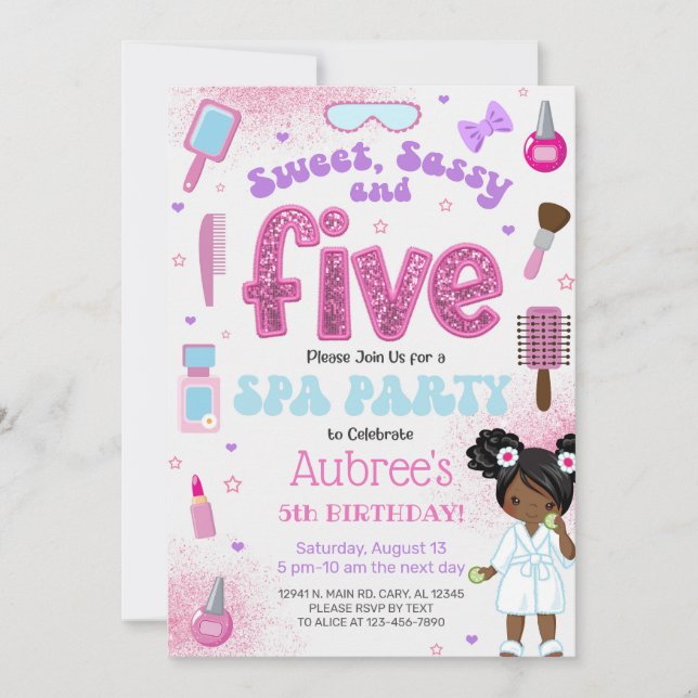 Convite SPA, girl 5th birthday party invite, 5 year old. (Frente)