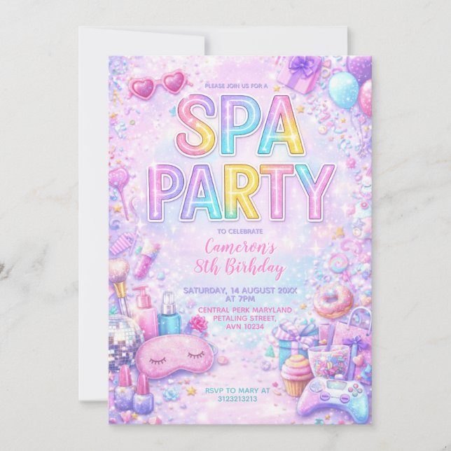 Convite Spa Party Birthday Invitation | Pastel Spa Pamper  (Frente)