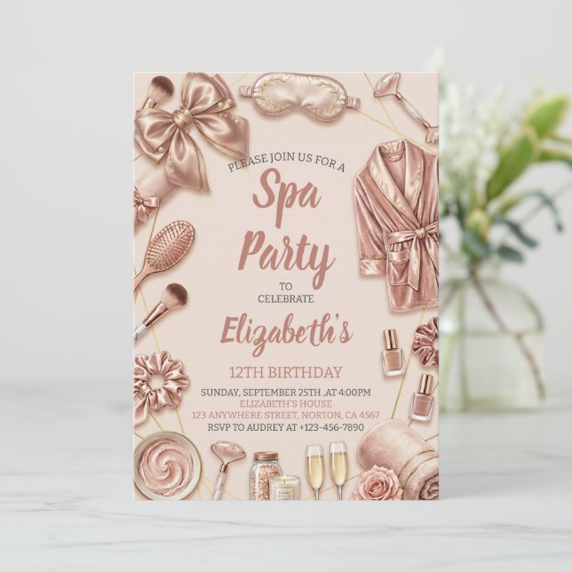 Convite Spa Party Glitz Glam Glamour Girl Makeup Birthday (Em pé/Frente)