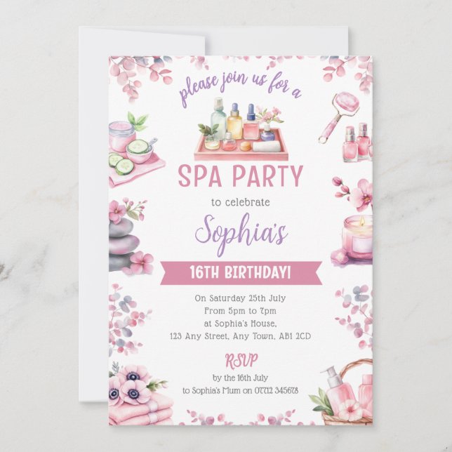 Convite Spa Party Invitation - Cherry Blossom Pamper Party (Frente)