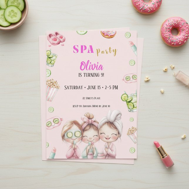 Convite Spa Party Invitation Girls Pamper Birthday (Girls spa party invitation with pink pamper theme and watercolor beauty design)