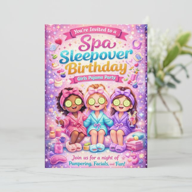 Convite Spa Sleepover Birthday Party Invitation-Girls Spa (Em pé/Frente)