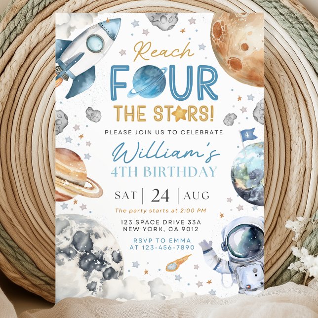 Convite Space 4th Birthday Inviation, Rech Four The Stars (Criador carregado)
