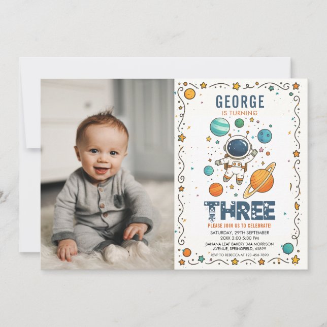 Convite Space Adventure 3rd birthday | Outer Space photo (Frente)