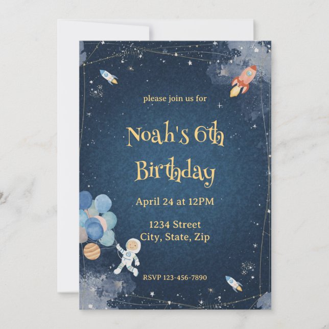 Convite  Space Adventure Birthday Invitation | Watercolor (Frente)