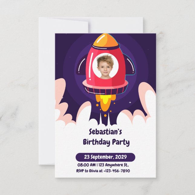 Convite Space and Spaceship Photo Kids Birthday Invitation (Frente)
