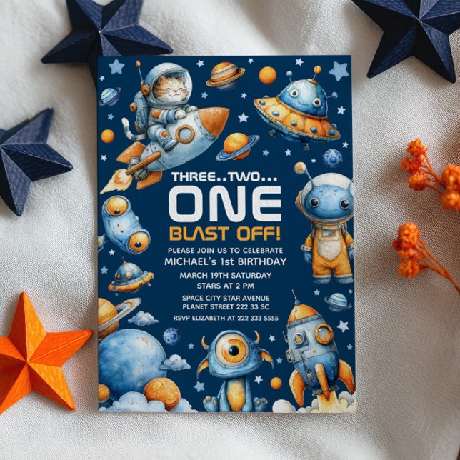 Convite Space Astronaut Cat Blast Off Cosmic 1st Birthday (Criador carregado)