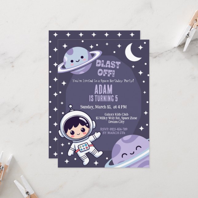 Convite Space Birthday Party Invitation | Galaxy Astronaut (Frente/Verso In Situ)
