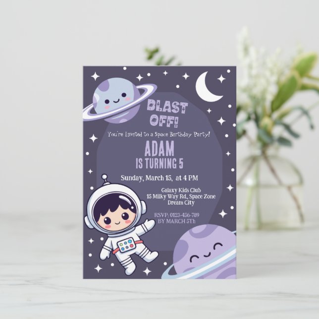 Convite Space Birthday Party Invitation | Galaxy Astronaut (Em pé/Frente)