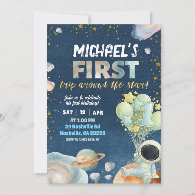 Convite Space Boy 1ST Trip around the sun Birthday Invitat (Frente)