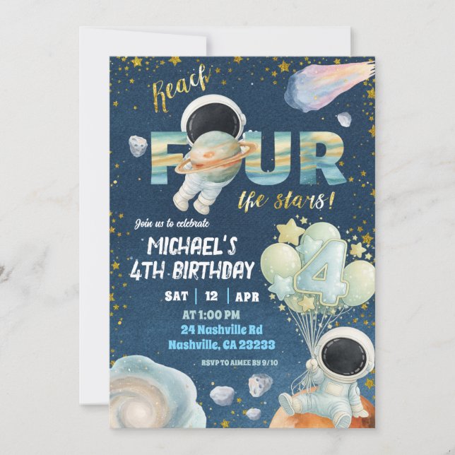 Convite Space Boy reach FOUR the stars 4th Birthday Invita (Frente)