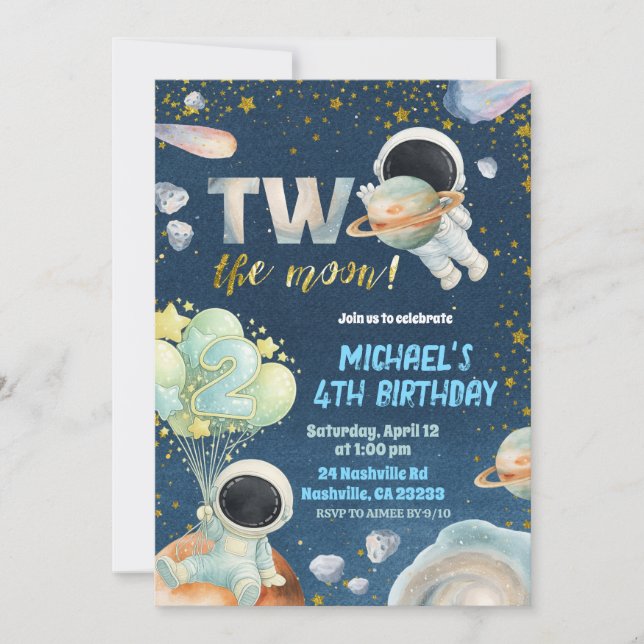 Convite Space Boy TWO the moon Birthday Invitation (Frente)