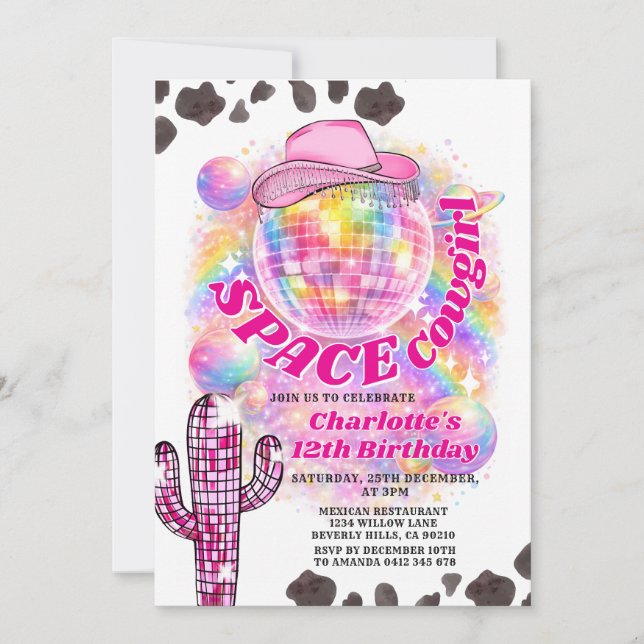 Convite Space Cowgirl Birthday Invitation | Disco Cowgirl (Frente)