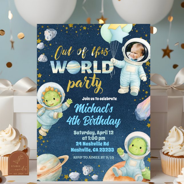 Convite Space Dinosaur Birthday Invitation with photo (Criador carregado)