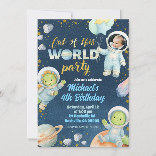 Convite Space Dinosaur Birthday Invitation with photo (Frente)