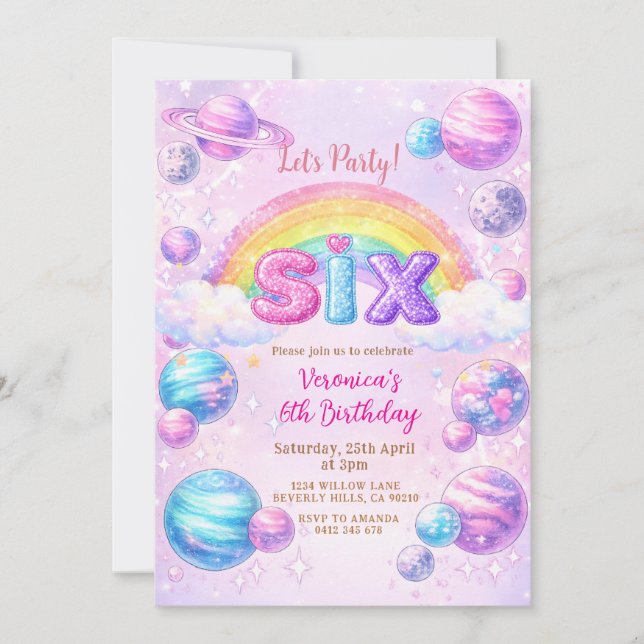 Convite Space Planet Rainbow Birthday Party  (Frente)