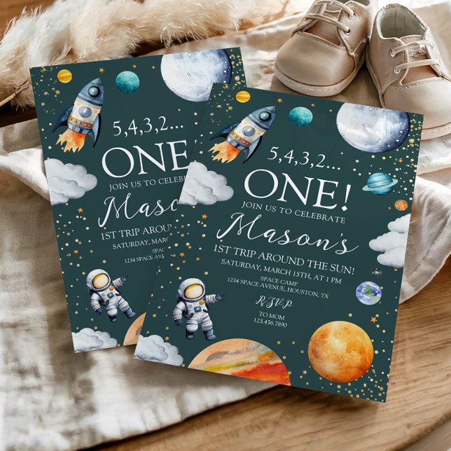 Convite Space Rocket 1st Trip Around the Sun Birthday (Criador carregado)