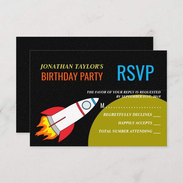 Convite Space Rocket para a RSVP de Aniversário da Criança (Frente/Verso)